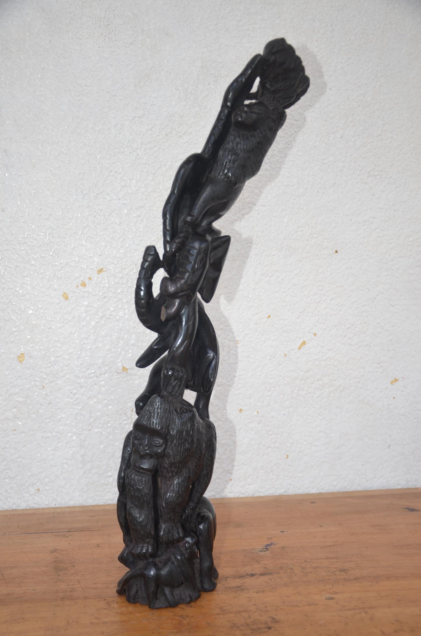 Ebony Wood Jungle Totem | Hand-Carved African Wildlife Pillar | Gorilla Elephant Statue