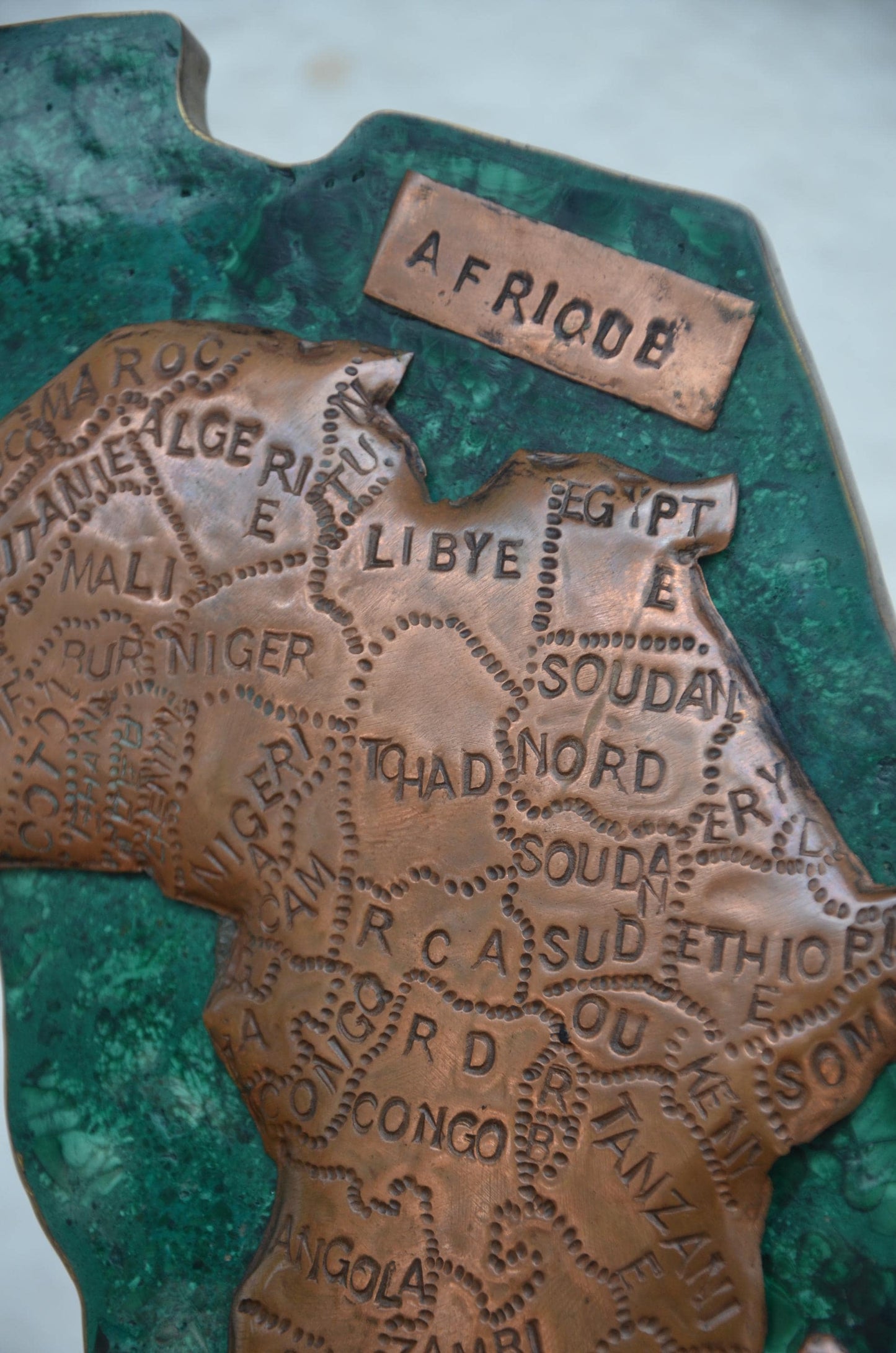 Malachite Africa Map | Copper Relief Stone Statue | Hand-Stamped Afrique Desk Sculpture