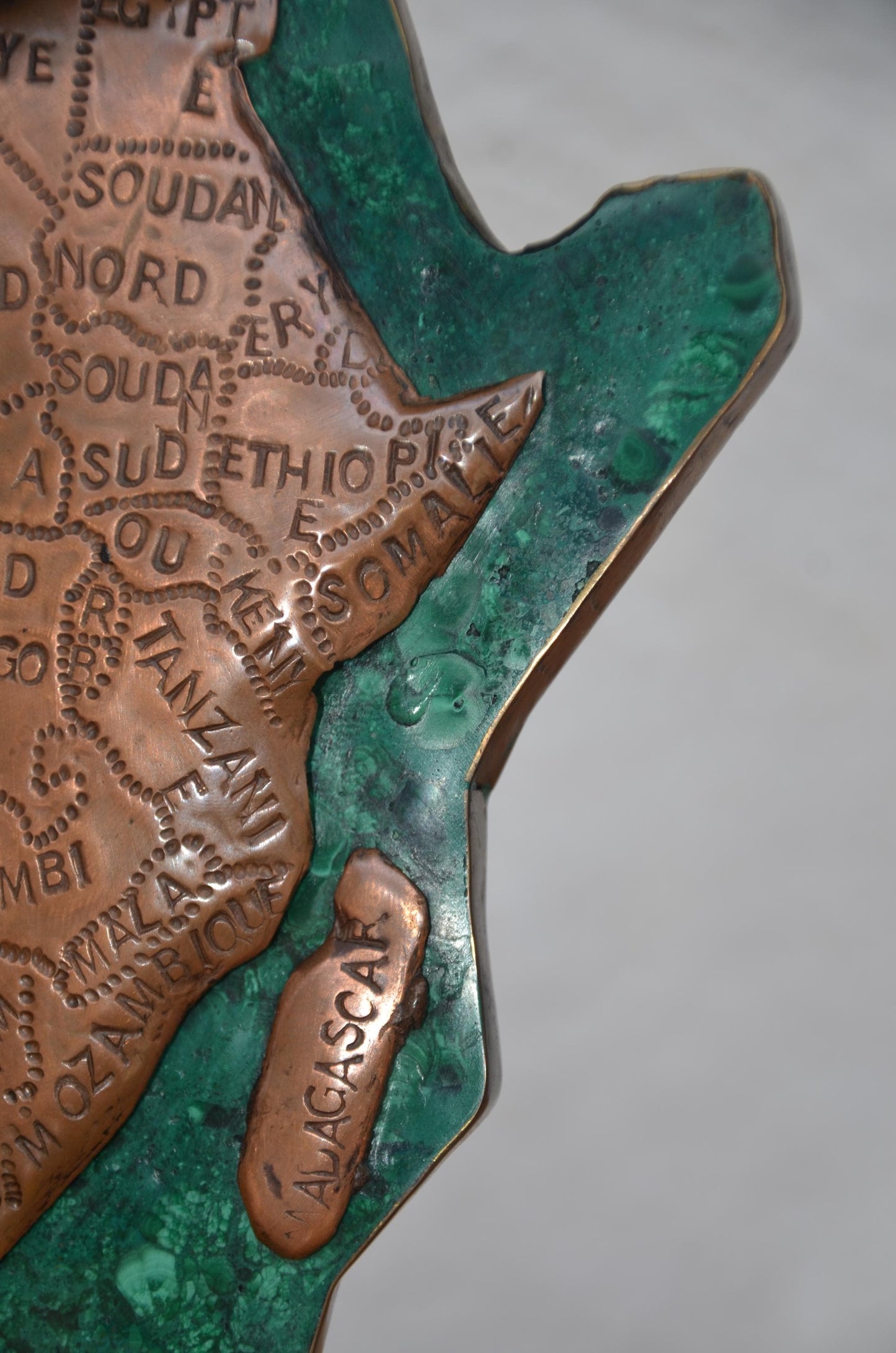 Malachite Africa Map | Copper Relief Stone Statue | Hand-Stamped Afrique Desk Sculpture