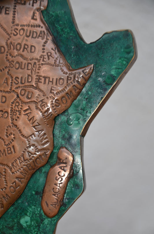 Malachite Africa Map | Copper Relief Stone Statue | Hand-Stamped Afrique Desk Sculpture