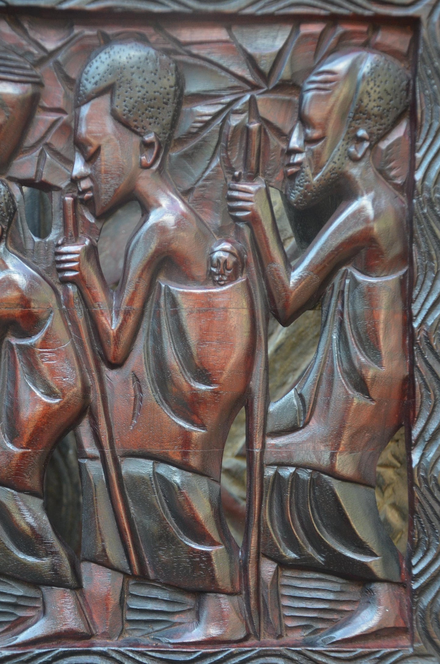 African Village Harvest Relief Plaque – Large Wood Tribal Wall Art Panel