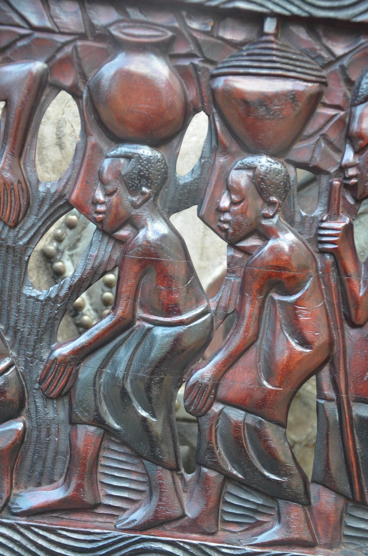 African Village Harvest Relief Plaque – Large Wood Tribal Wall Art Panel