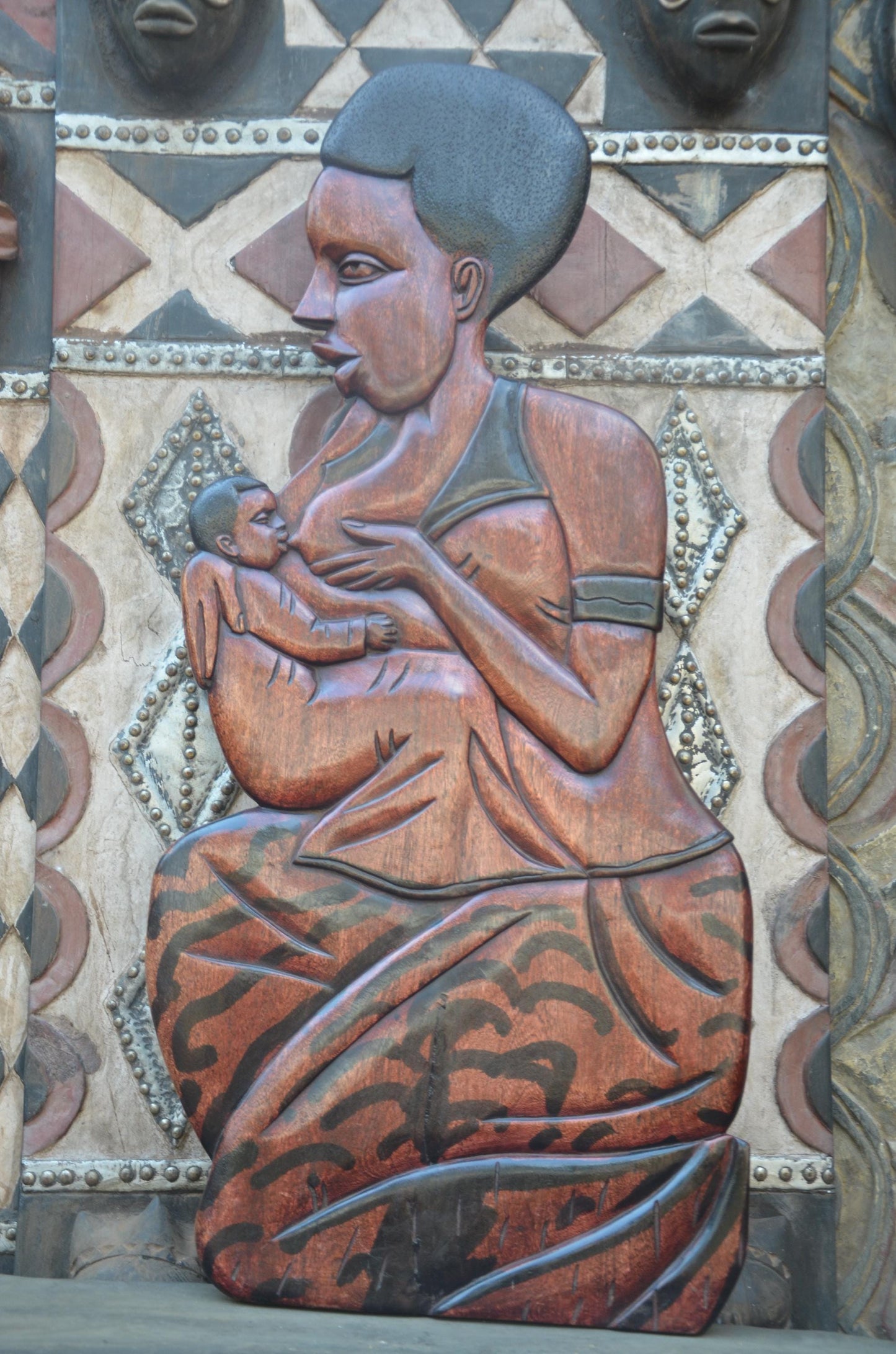 African Mother and Child Wood Plaque – Large Breastfeeding Relief Wall Art
