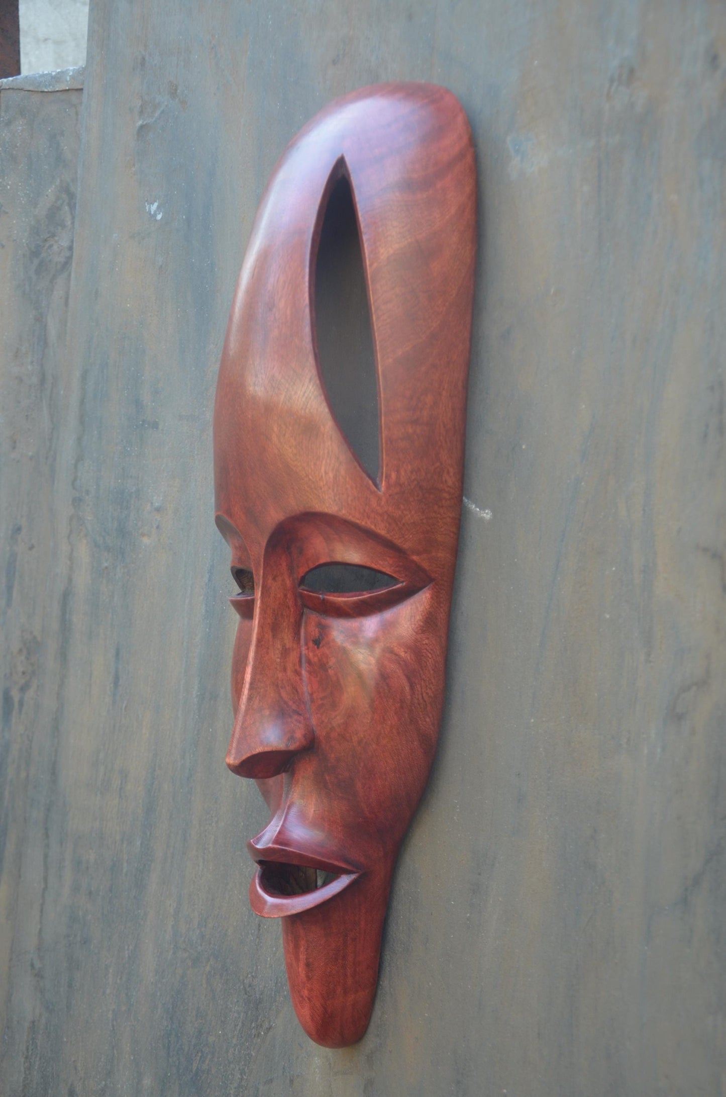 Contemporary Rwandan Mask | Hand-Carved Wood Sculpture | Elongated Wall Decor