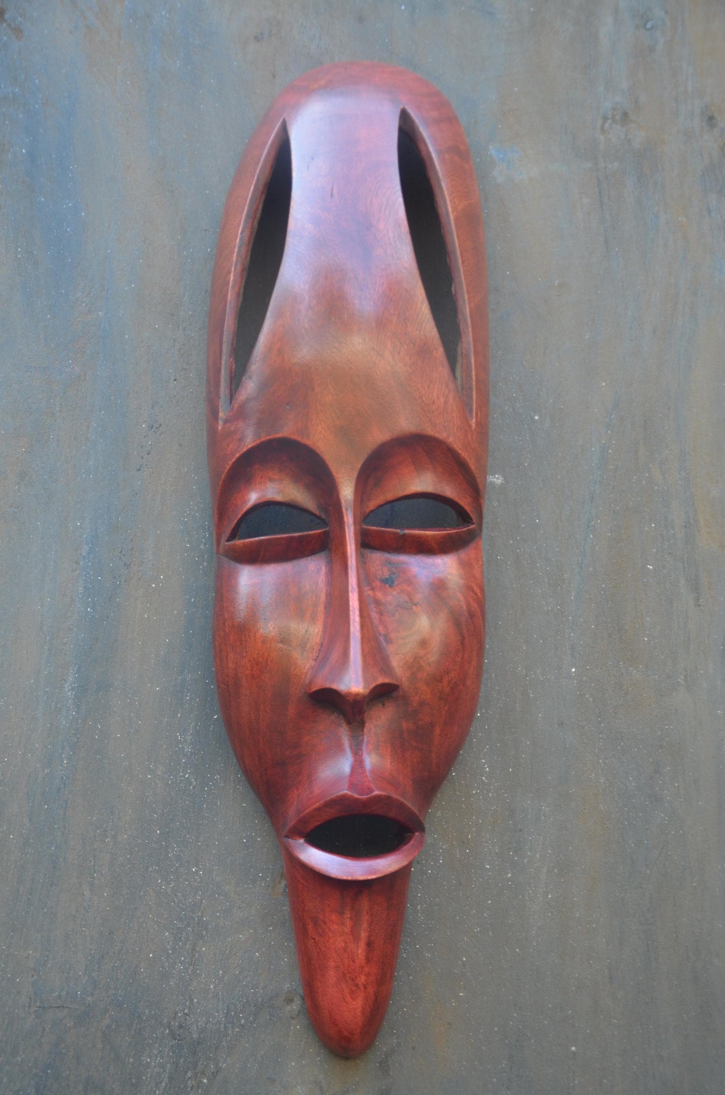 Contemporary Rwandan Mask | Hand-Carved Wood Sculpture | Elongated Wall Decor