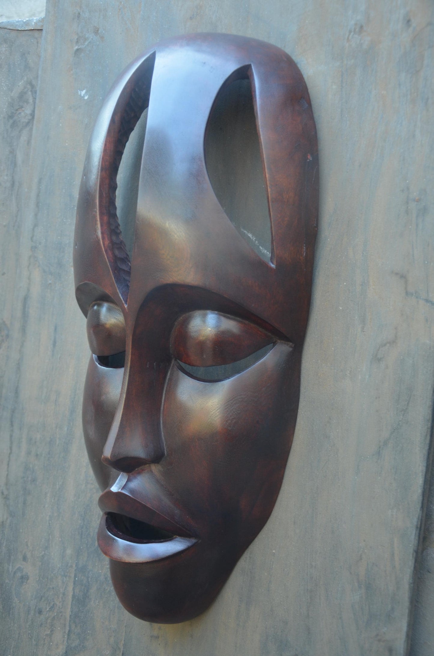 Large Rwandan Wall Mask | Hand-Carved Wood Sculpture | Minimalist Tribal Decor
