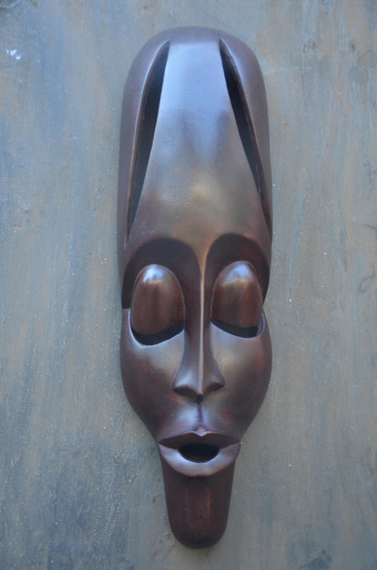 Contemporary Rwandan Mask | Hand-Carved Wood Sculpture | Minimalist Wall Art