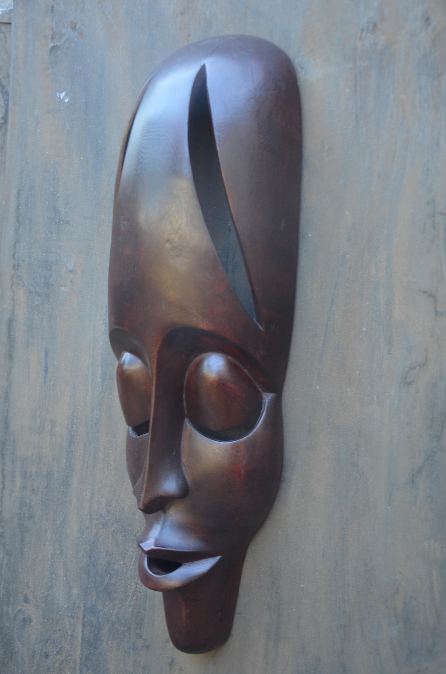 Contemporary Rwandan Mask | Hand-Carved Wood Sculpture | Minimalist Wall Art