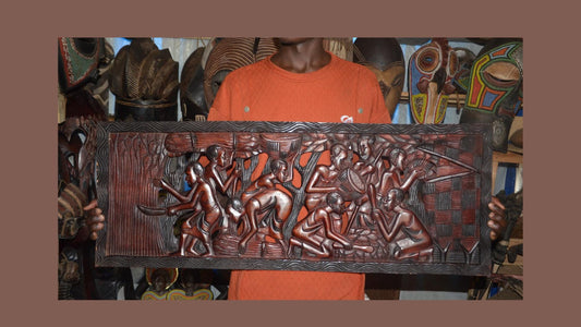African Village Harvest Relief Plaque – Large Wood Tribal Wall Art Panel