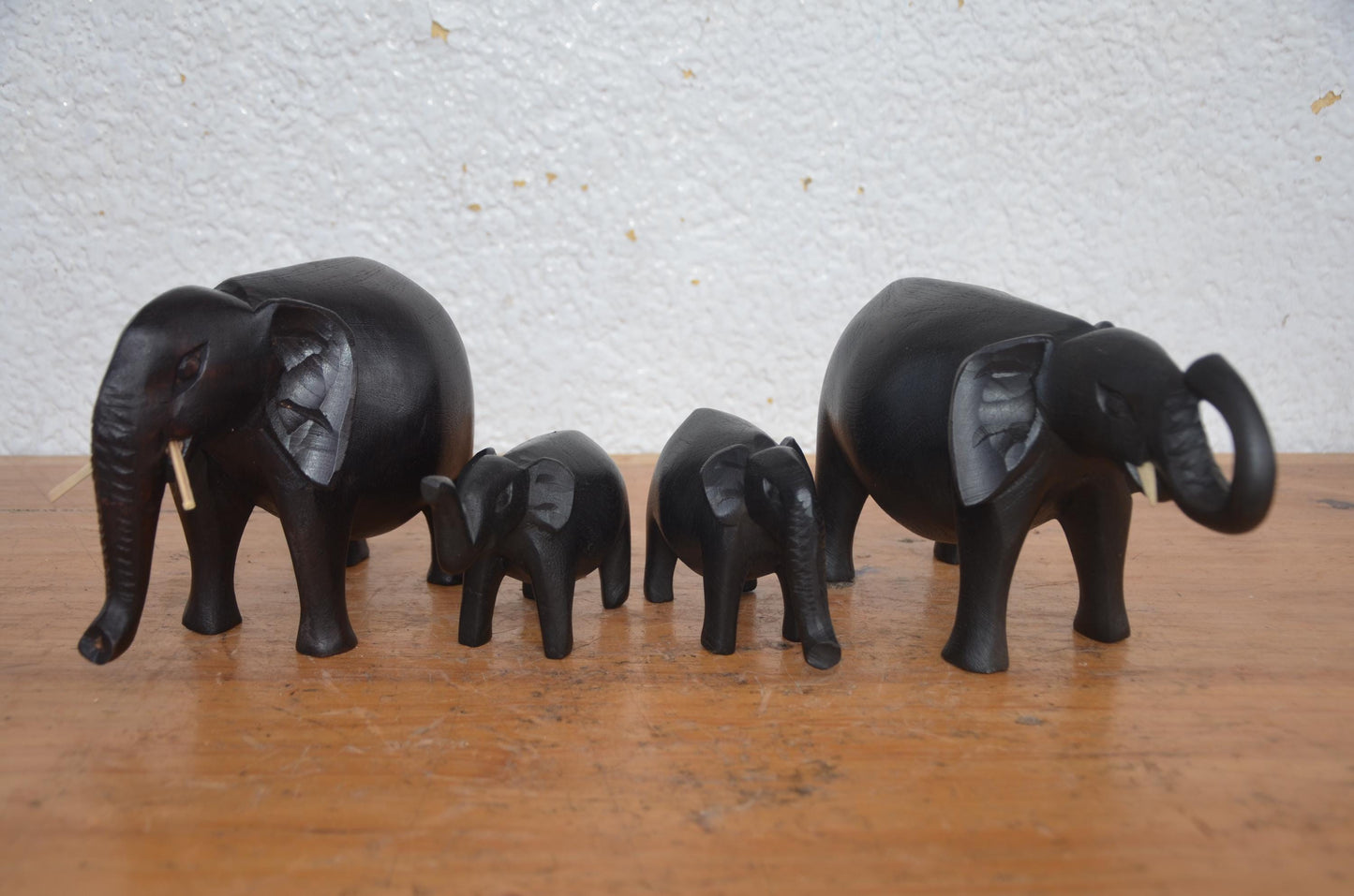 Elephant Family Set | Hand-Carved Wood 4-Piece Statue | African Wildlife Herd Home Decor