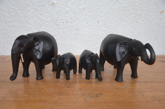 Elephant Family Set | Hand-Carved Wood 4-Piece Statue | African Wildlife Herd Home Decor