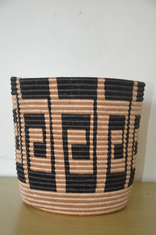 African Coiled Basket | Hand-Woven Geometric Storage Bin | Rustic Modern Natural Fiber Art