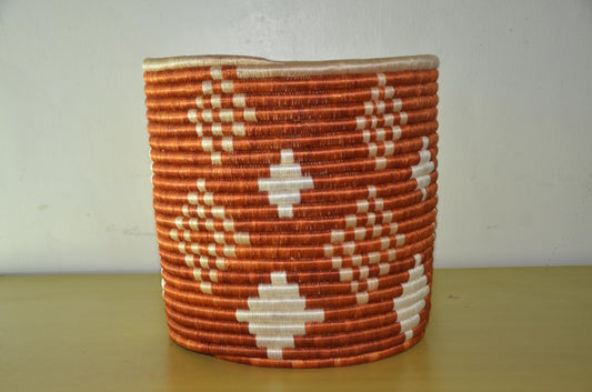 African Coiled Basket | Hand-Woven Terracotta Diamond Bin | Rustic Modern Fiber Storage