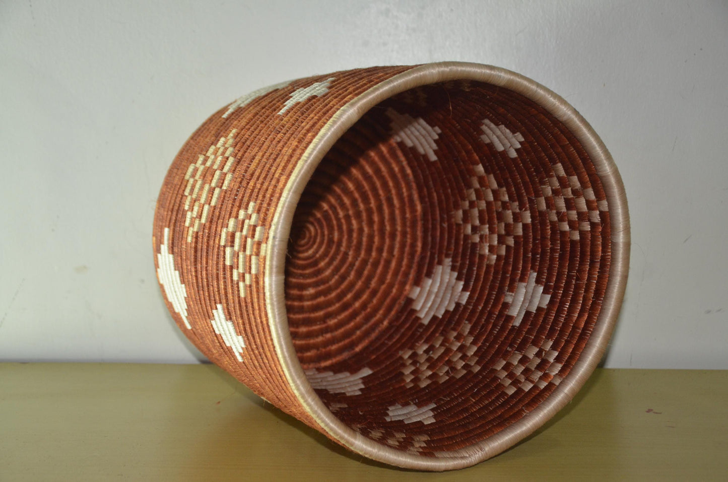 African Coiled Basket | Hand-Woven Terracotta Diamond Bin | Rustic Modern Fiber Storage