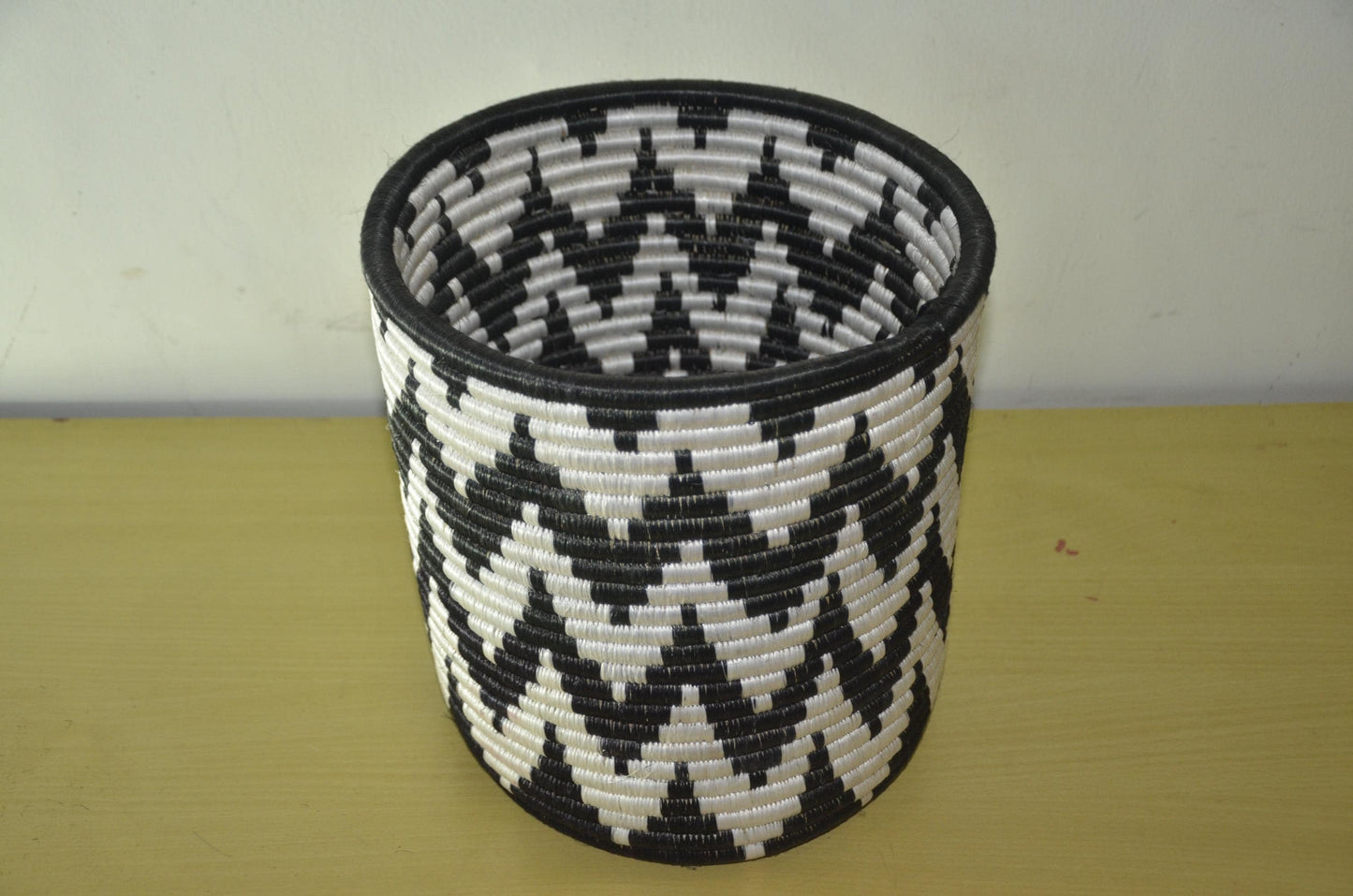 African Coiled Basket | Hand-Woven Monochrome Zigzag Bin | Modern Minimalist Fiber Art