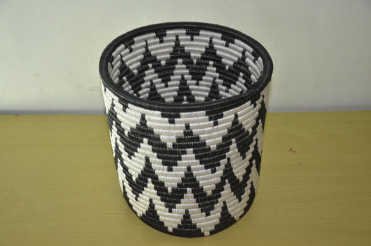 African Coiled Basket | Hand-Woven Monochrome Zigzag Bin | Modern Minimalist Fiber Art