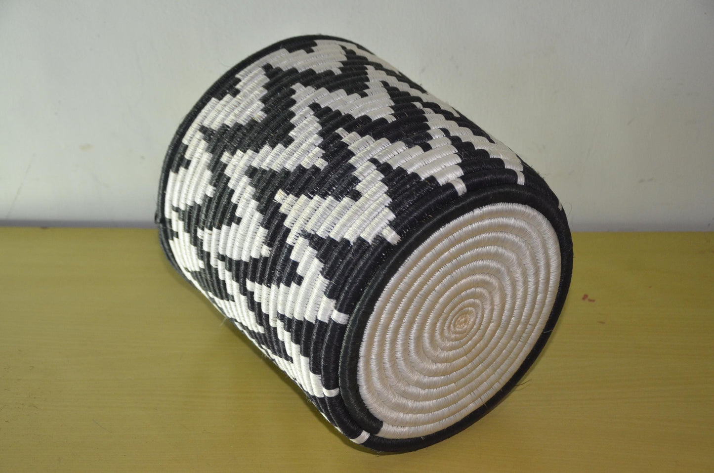 African Coiled Basket | Hand-Woven Monochrome Zigzag Bin | Modern Minimalist Fiber Art