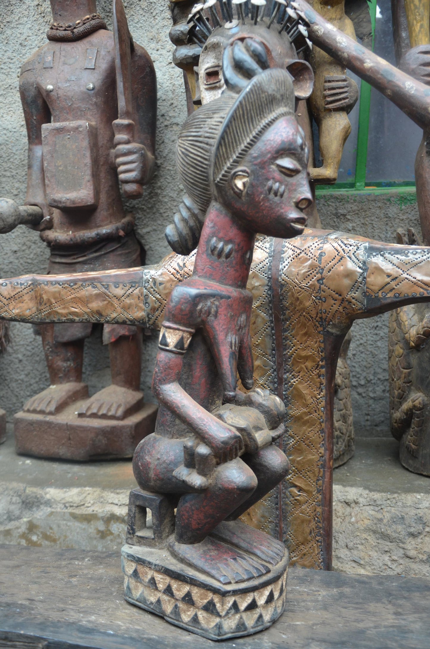 African Pende Maternity Statue – Hand-Carved Wood Mother & Child – Congo Art