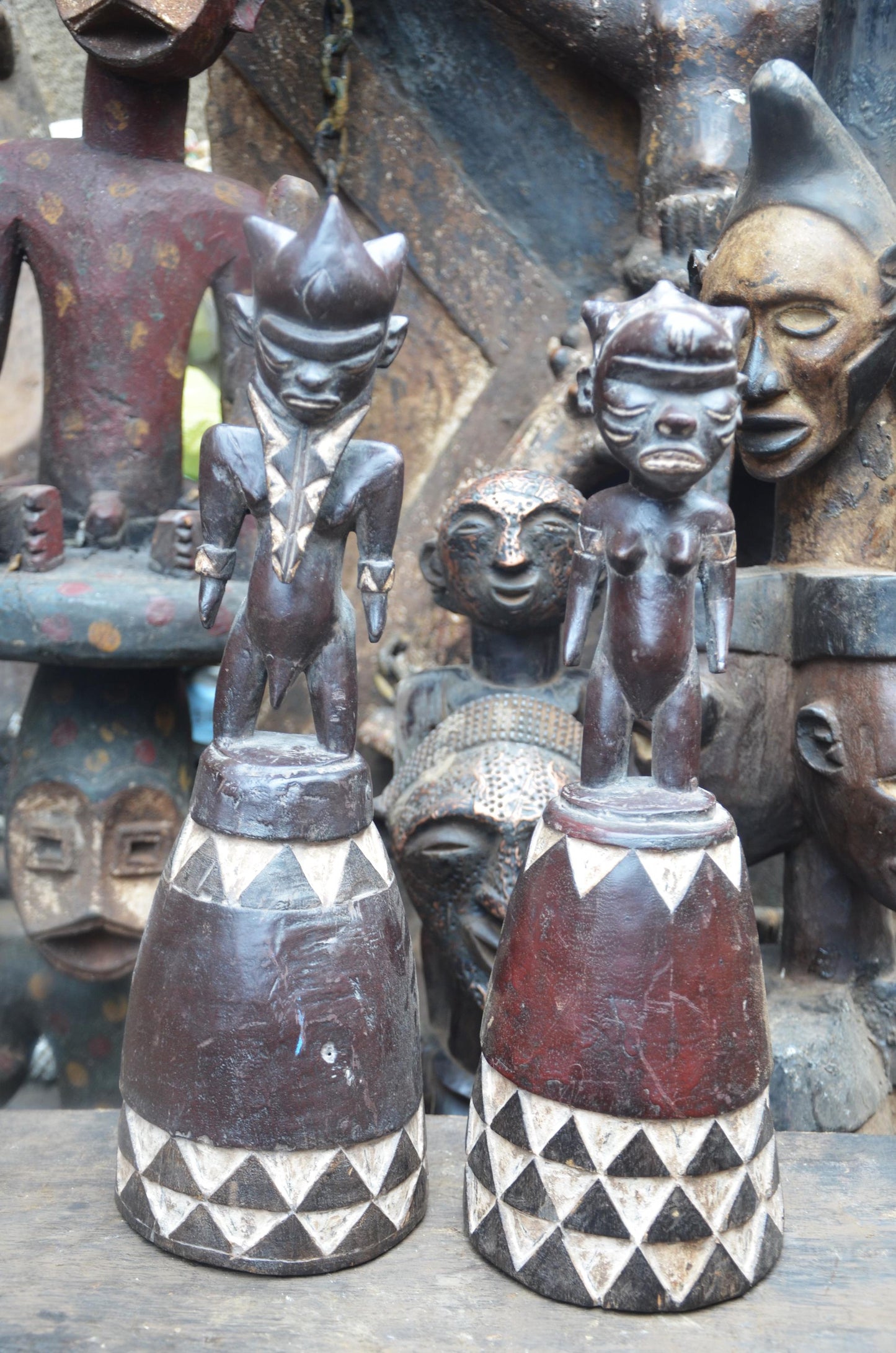 African Pende Couple Figures – Hand-Carved Wood Ancestral Pair – Congo Art