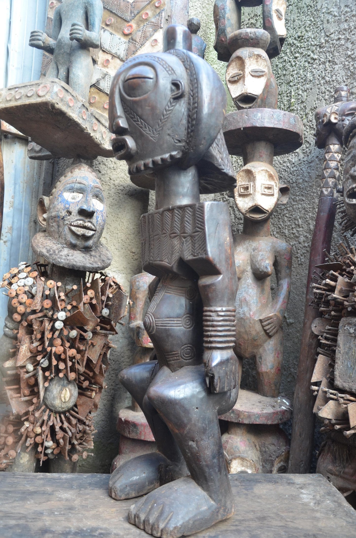 African Mbuyu Male Statue – Hand-Carved Wood Luba Figure – Tribal Art