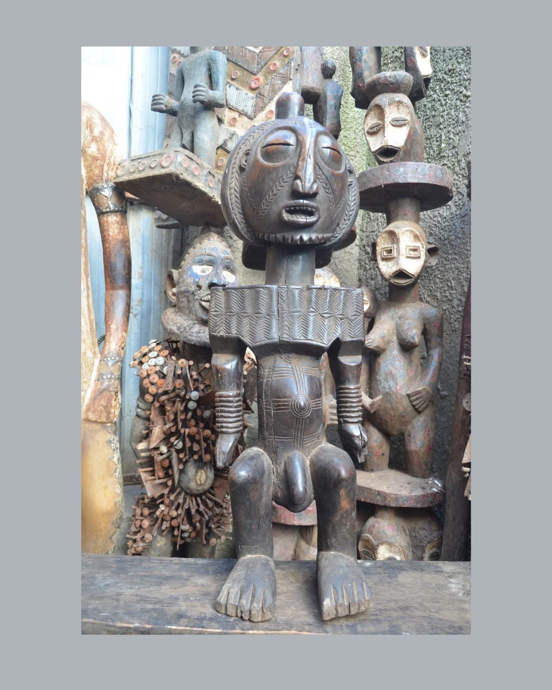 African Mbuyu Male Statue – Hand-Carved Wood Luba Figure – Tribal Art