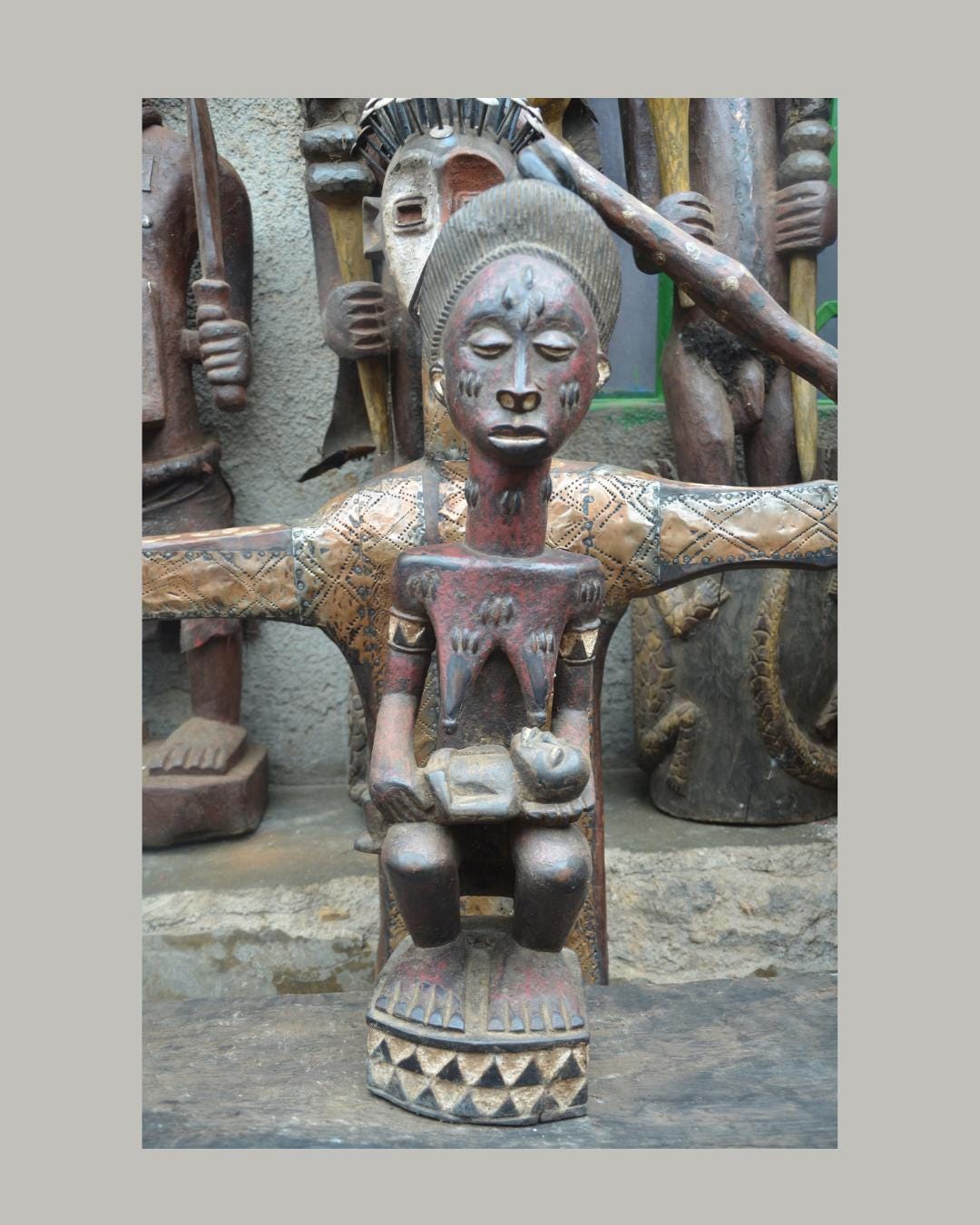African Pende Maternity Statue – Hand-Carved Wood Mother & Child – Congo Art