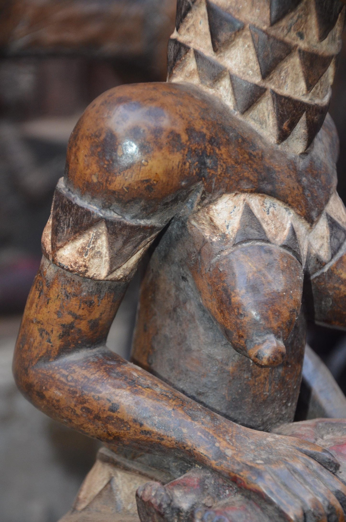 African Pende Maternity Statue – Wood Mother holding Child with Vessel Art
