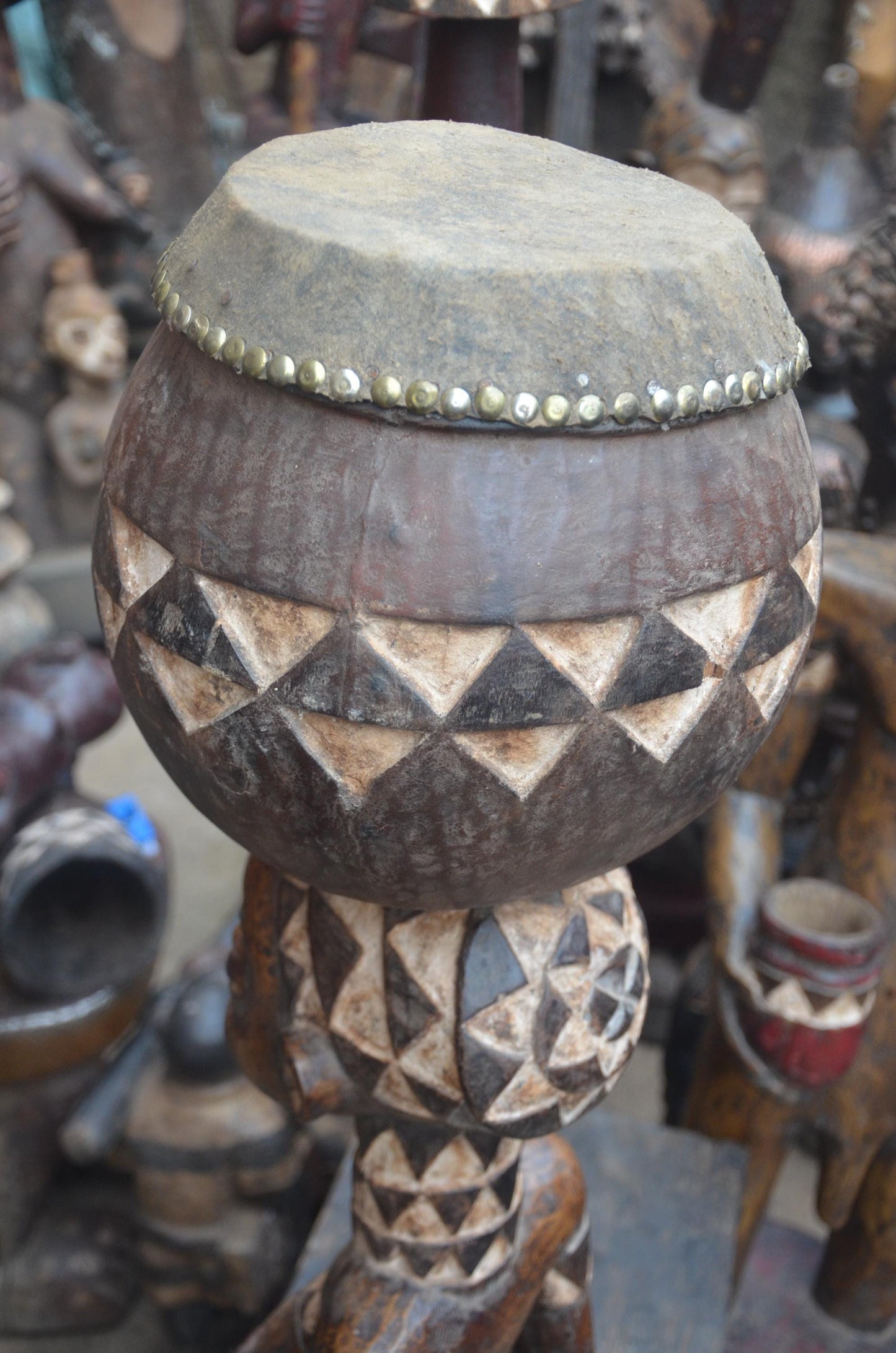 African Pende Maternity Statue – Wood Mother holding Child with Vessel Art