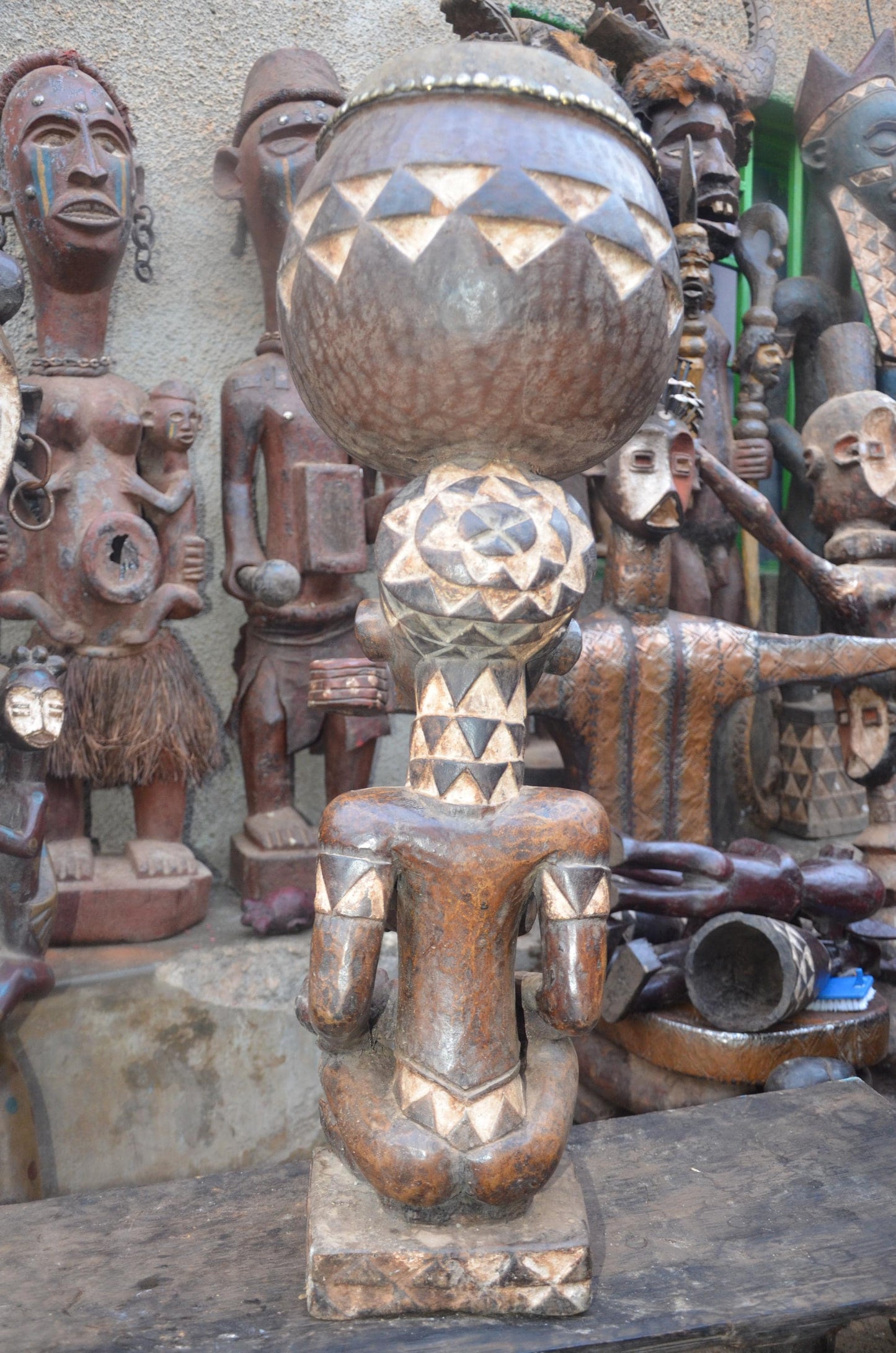 African Pende Maternity Statue – Wood Mother holding Child with Vessel Art