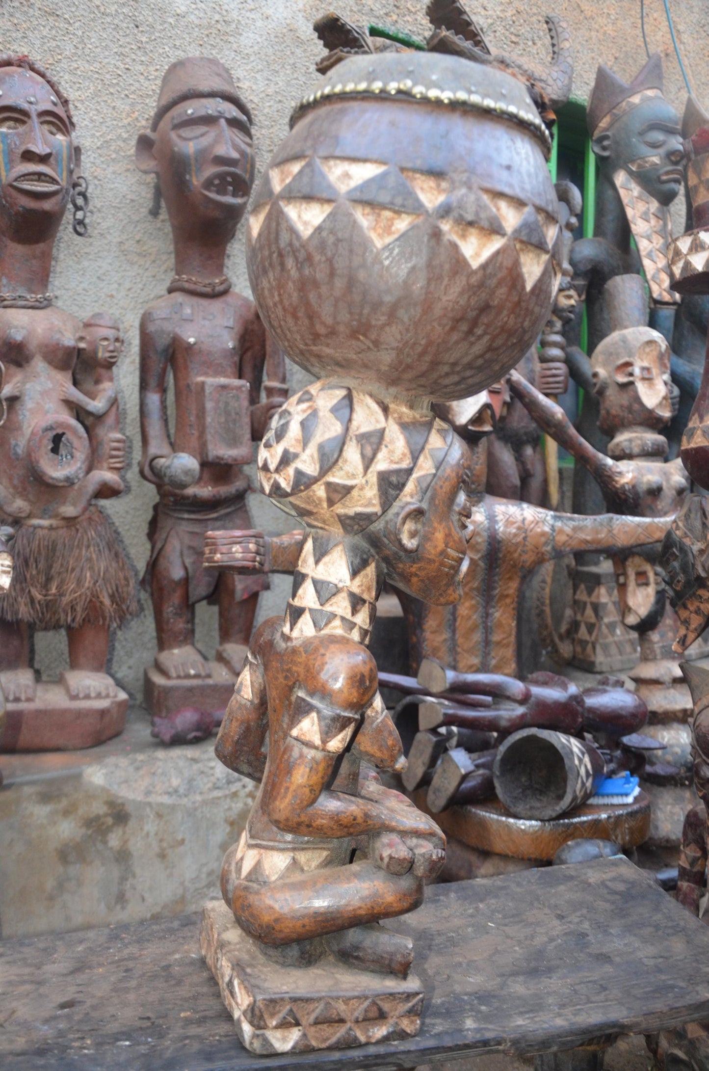 African Pende Maternity Statue – Wood Mother holding Child with Vessel Art