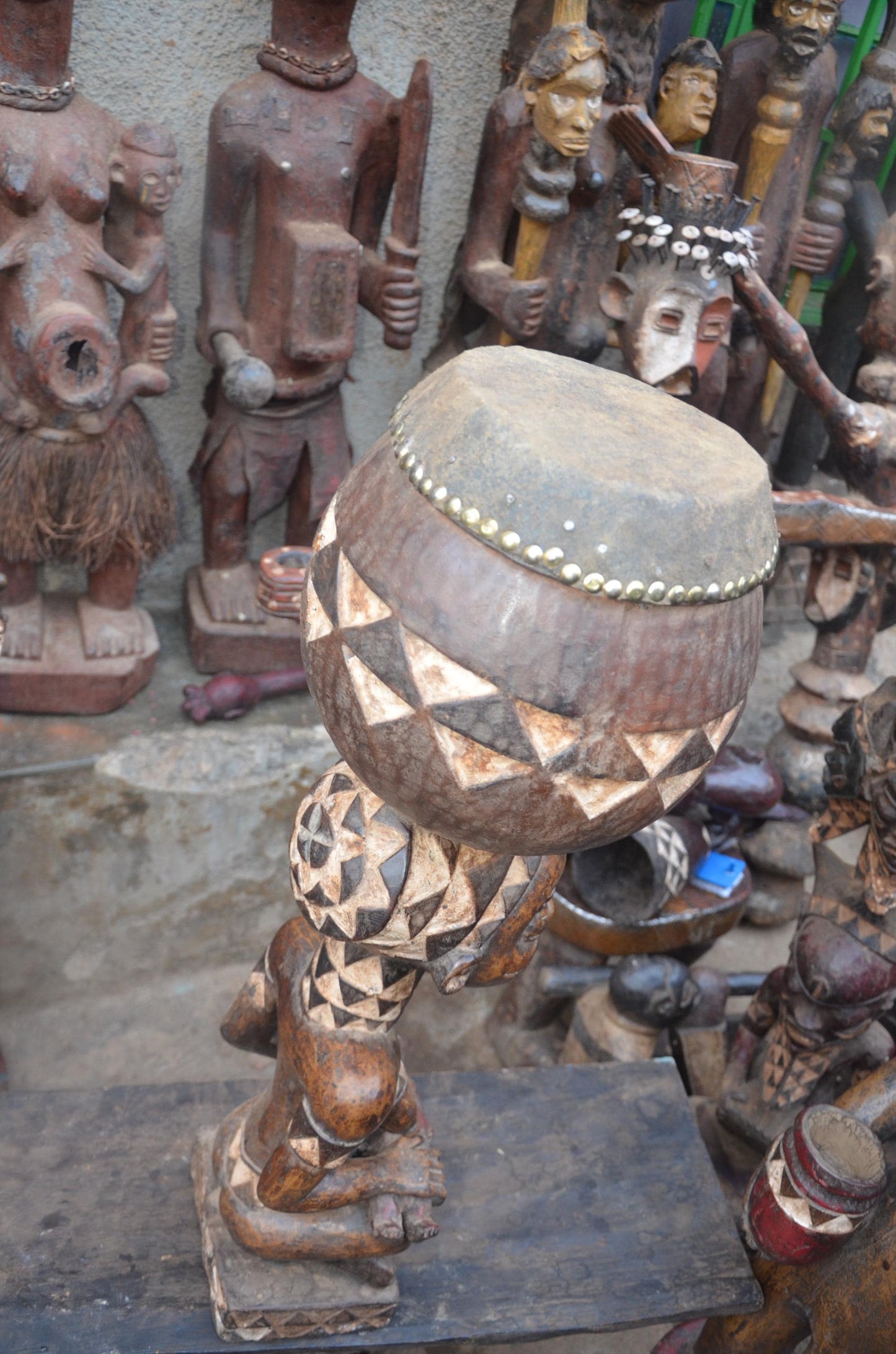 African Pende Maternity Statue – Wood Mother holding Child with Vessel Art