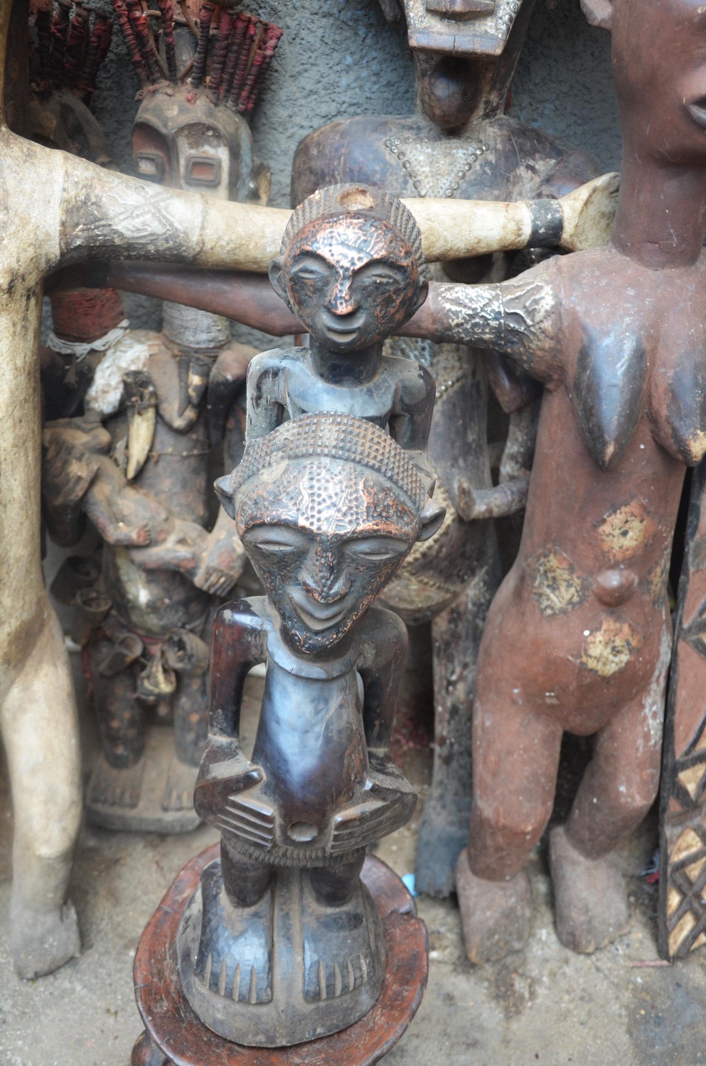 African Songye Power Figure – Hand-Carved Wood Tiered Nkisi Tribal Statue