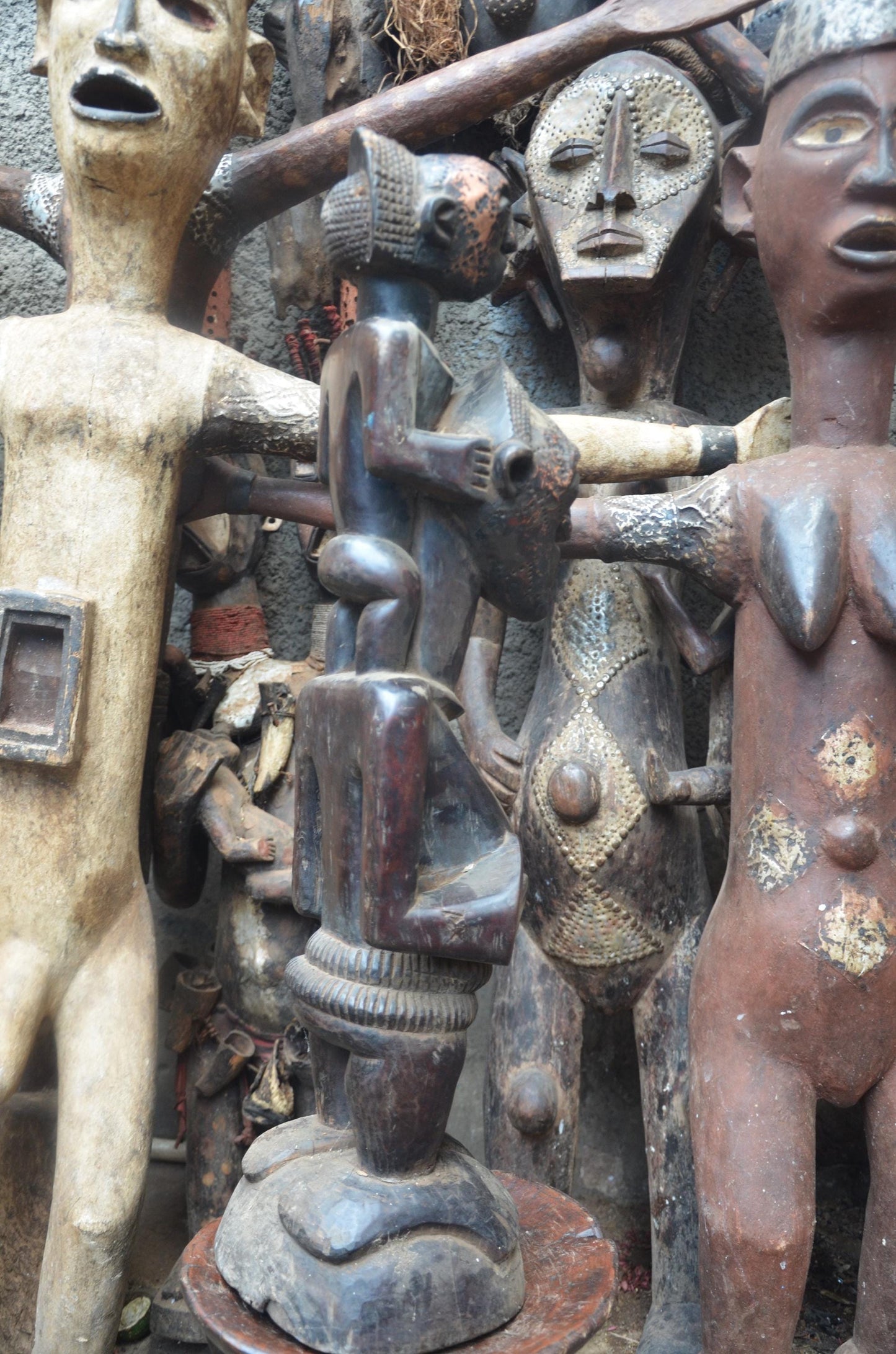 African Songye Power Figure – Hand-Carved Wood Tiered Nkisi Tribal Statue