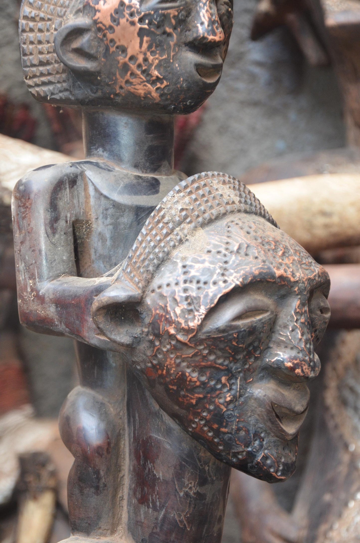 African Songye Power Figure – Hand-Carved Wood Tiered Nkisi Tribal Statue