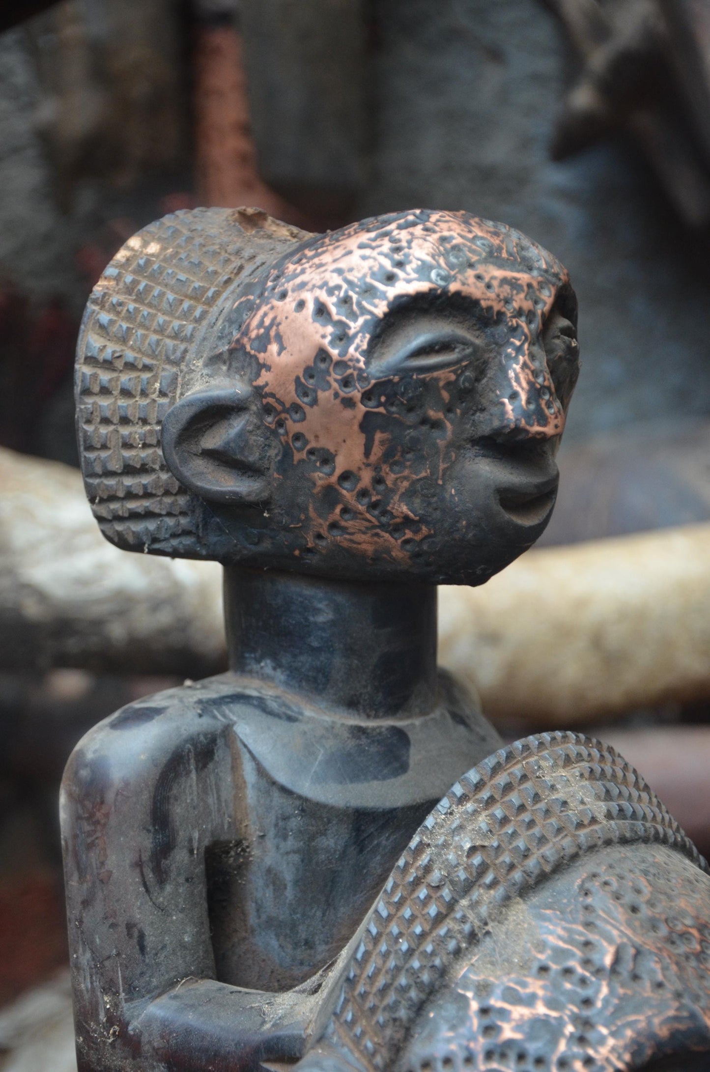 African Songye Power Figure – Hand-Carved Wood Tiered Nkisi Tribal Statue
