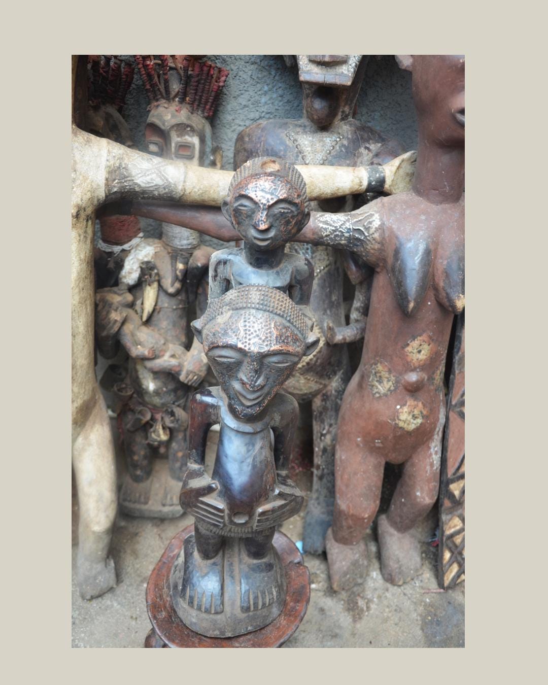 African Songye Power Figure – Hand-Carved Wood Tiered Nkisi Tribal Statue