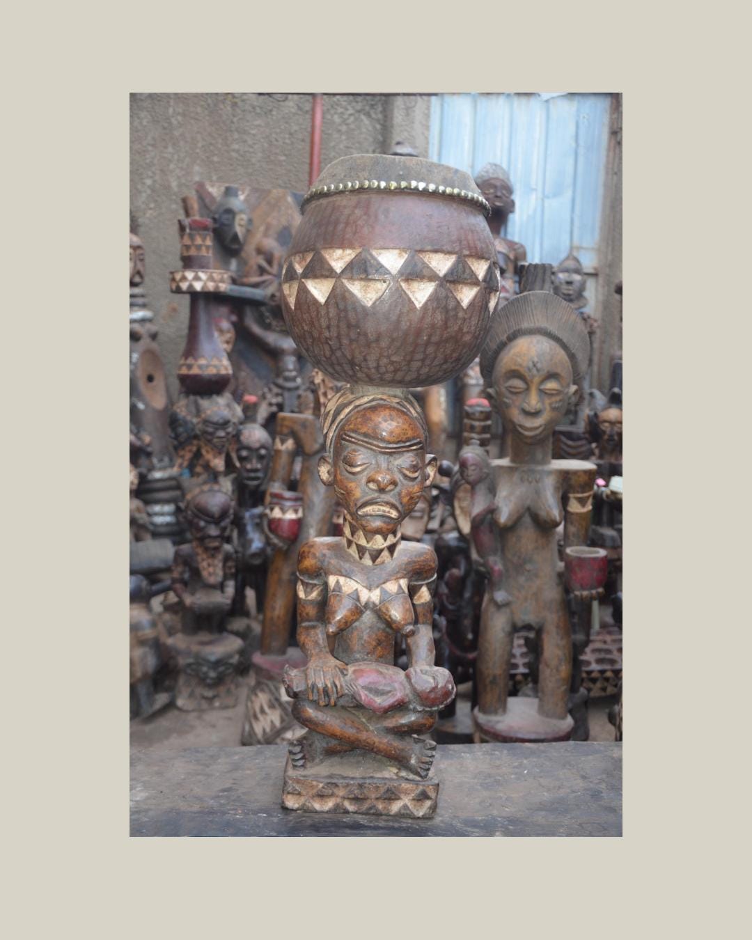 African Pende Maternity Statue – Wood Mother holding Child with Vessel Art