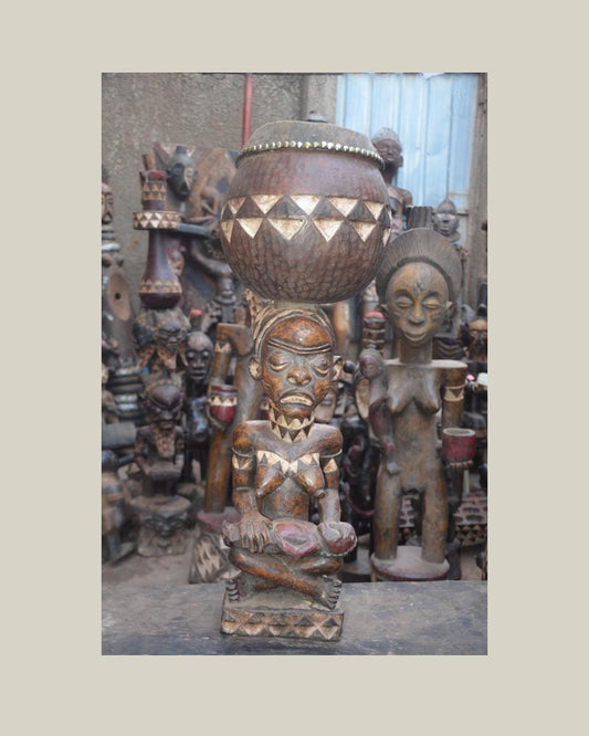 African Pende Maternity Statue – Wood Mother holding Child with Vessel Art