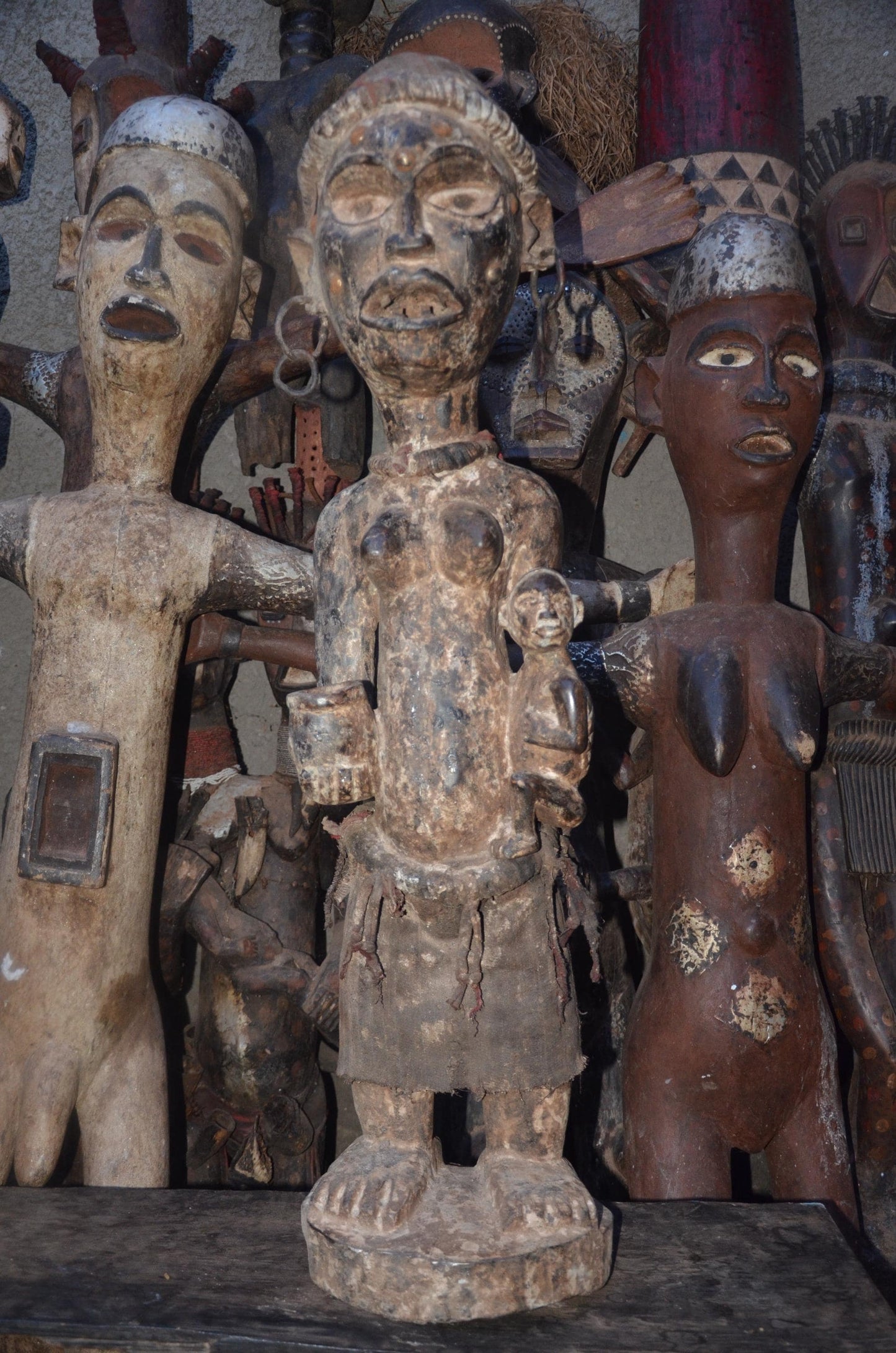 African Kongo Maternity Statue – Wood Mother holding Child Tribal Art