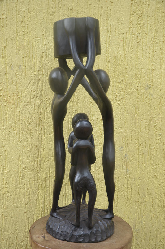 Community Unity Sculpture | Large African Wood Carving | Abstract Interconnected Figure Art