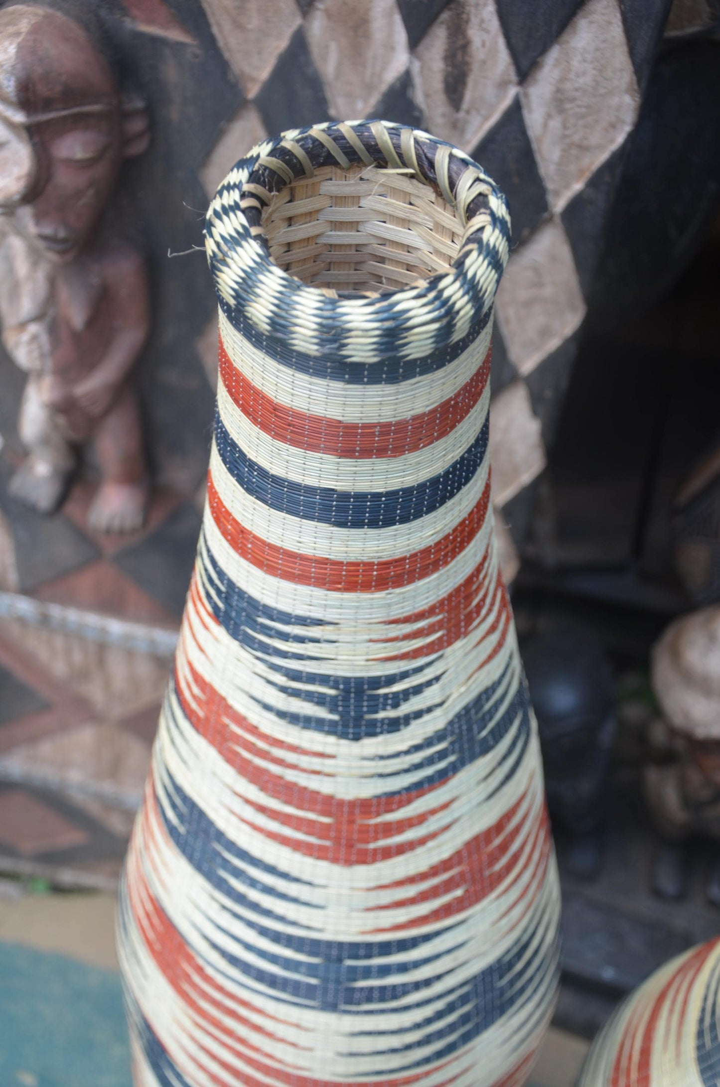 Large Rwandan Patterned Vase | Hand-Woven Floor Decor | Tall Artisan Basketry