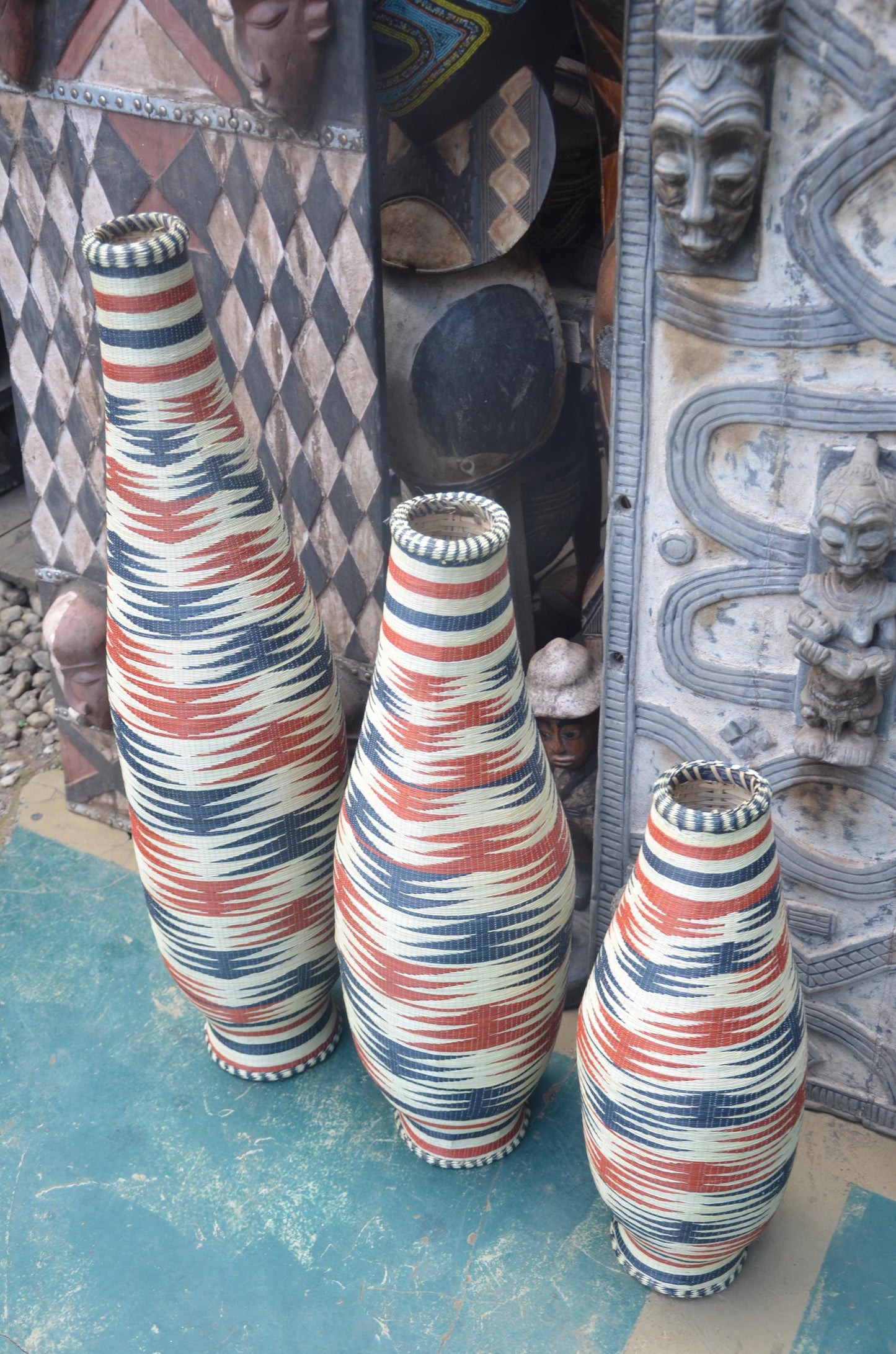 Large Rwandan Patterned Vase | Hand-Woven Floor Decor | Tall Artisan Basketry