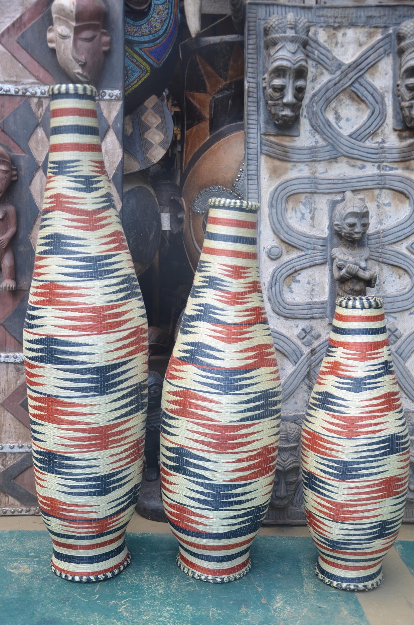 Large Rwandan Patterned Vase | Hand-Woven Floor Decor | Tall Artisan Basketry