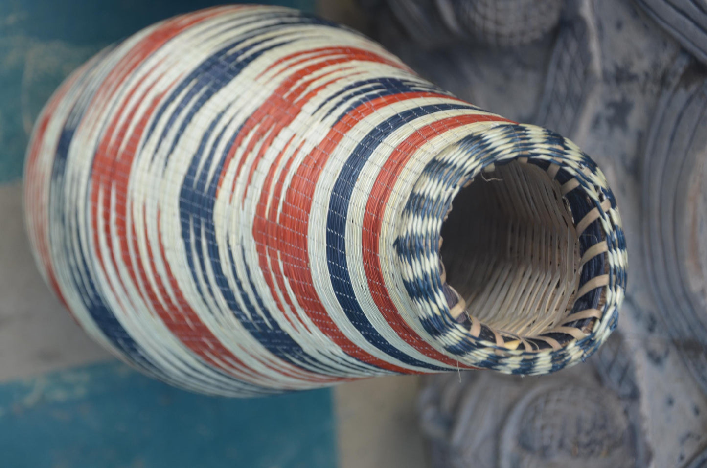 Large Rwandan Patterned Vase | Hand-Woven Floor Decor | Tall Artisan Basketry