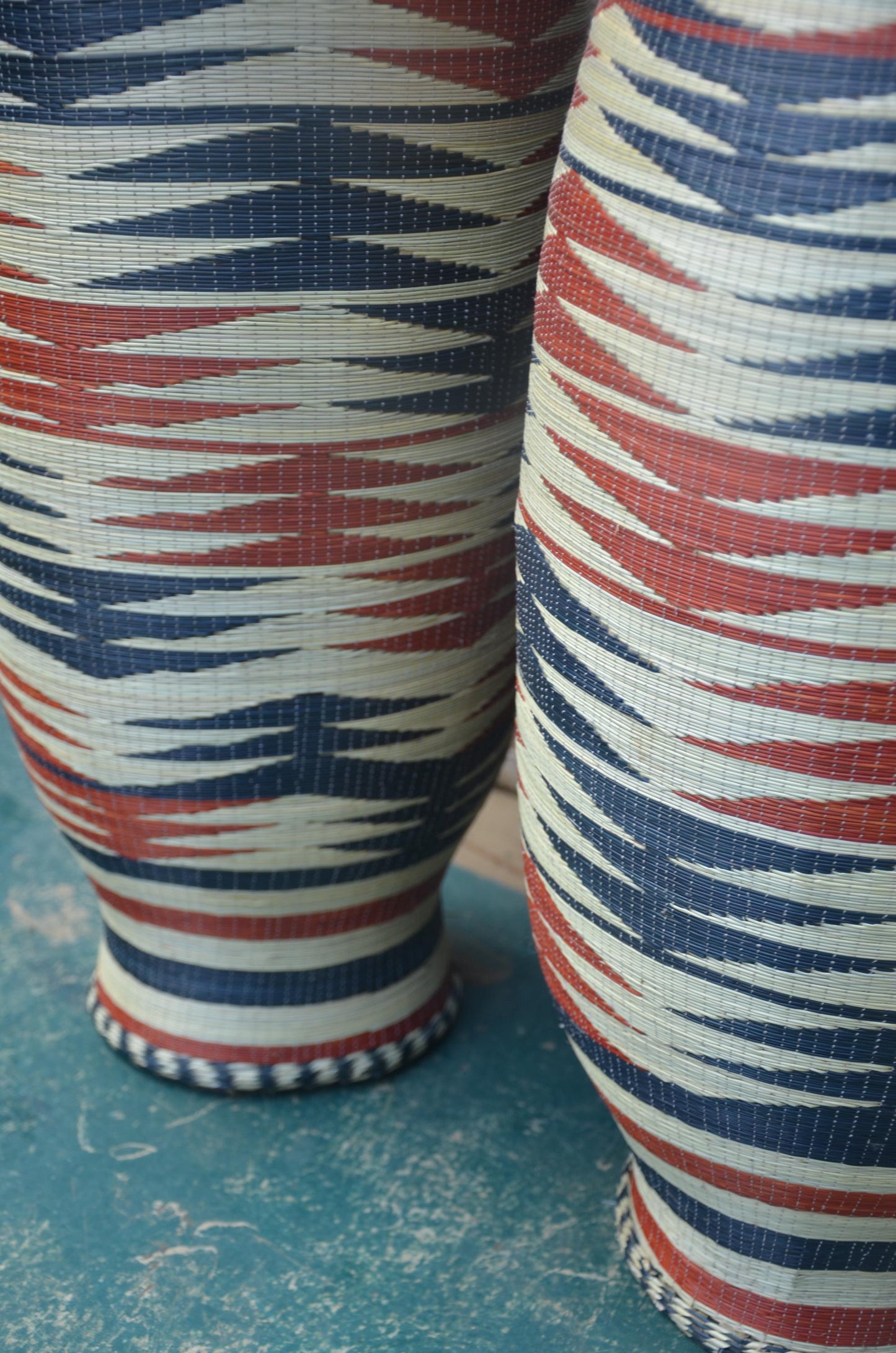 Large Rwandan Patterned Vase | Hand-Woven Floor Decor | Tall Artisan Basketry