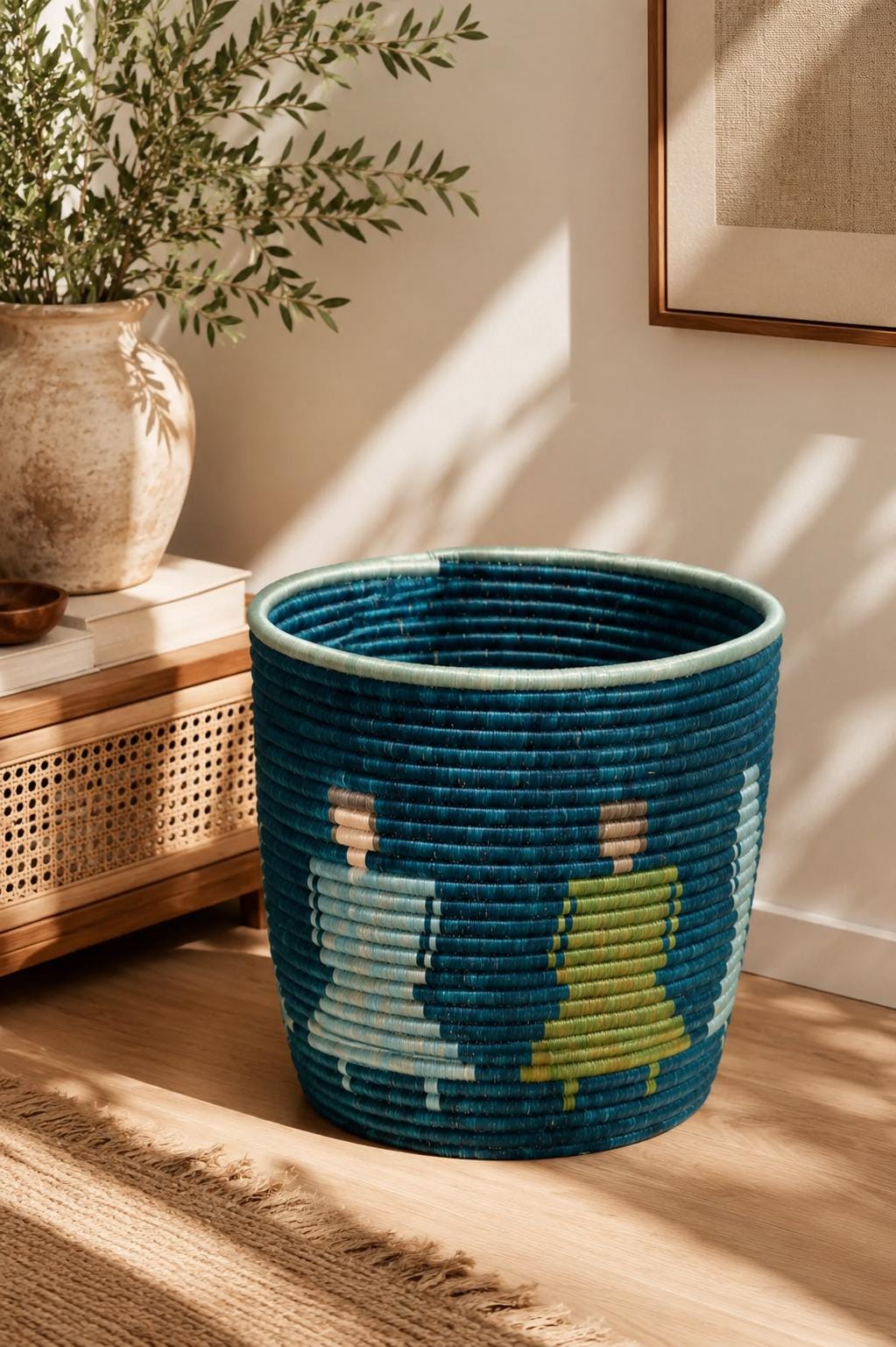 Handwoven African Coiled Basket | Deep Blue Figurative Art | Artisanal Storage Vessel