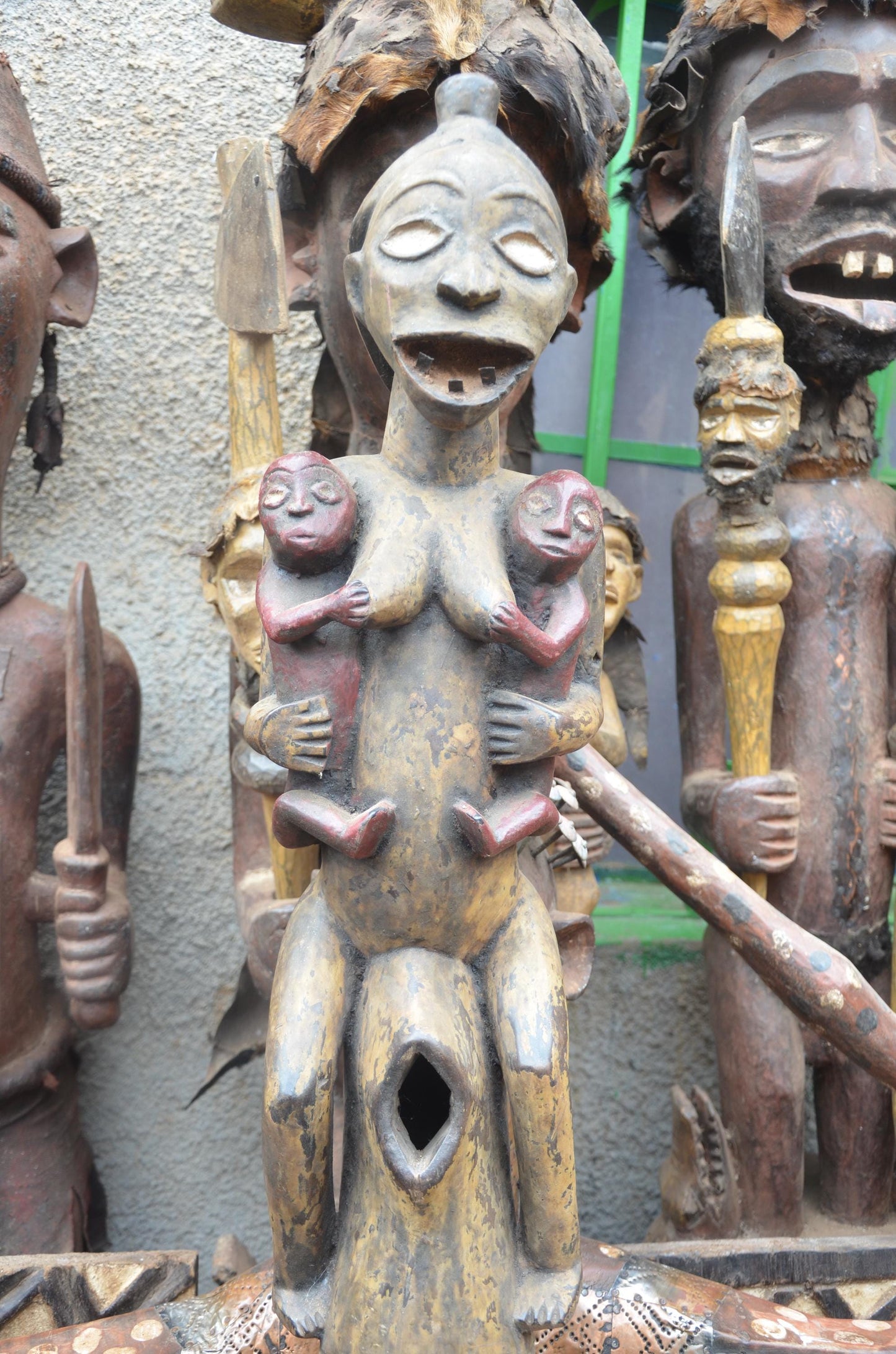 African Congo Twin Maternity Statue – Large Wood Mother with Infants Art