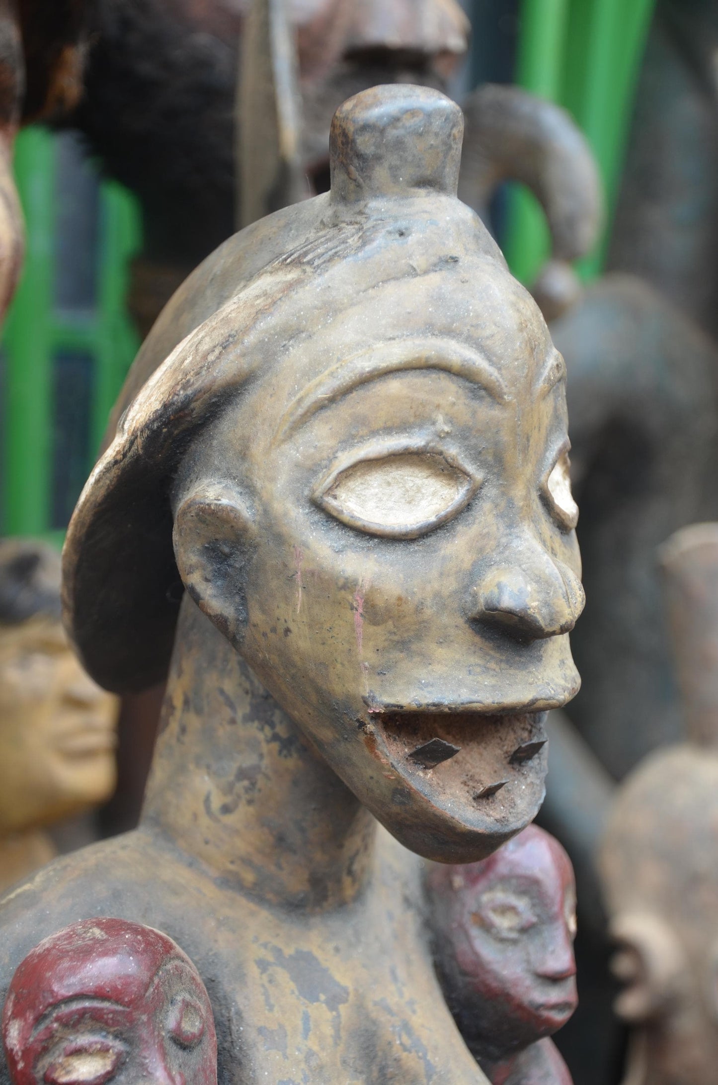 African Congo Twin Maternity Statue – Large Wood Mother with Infants Art