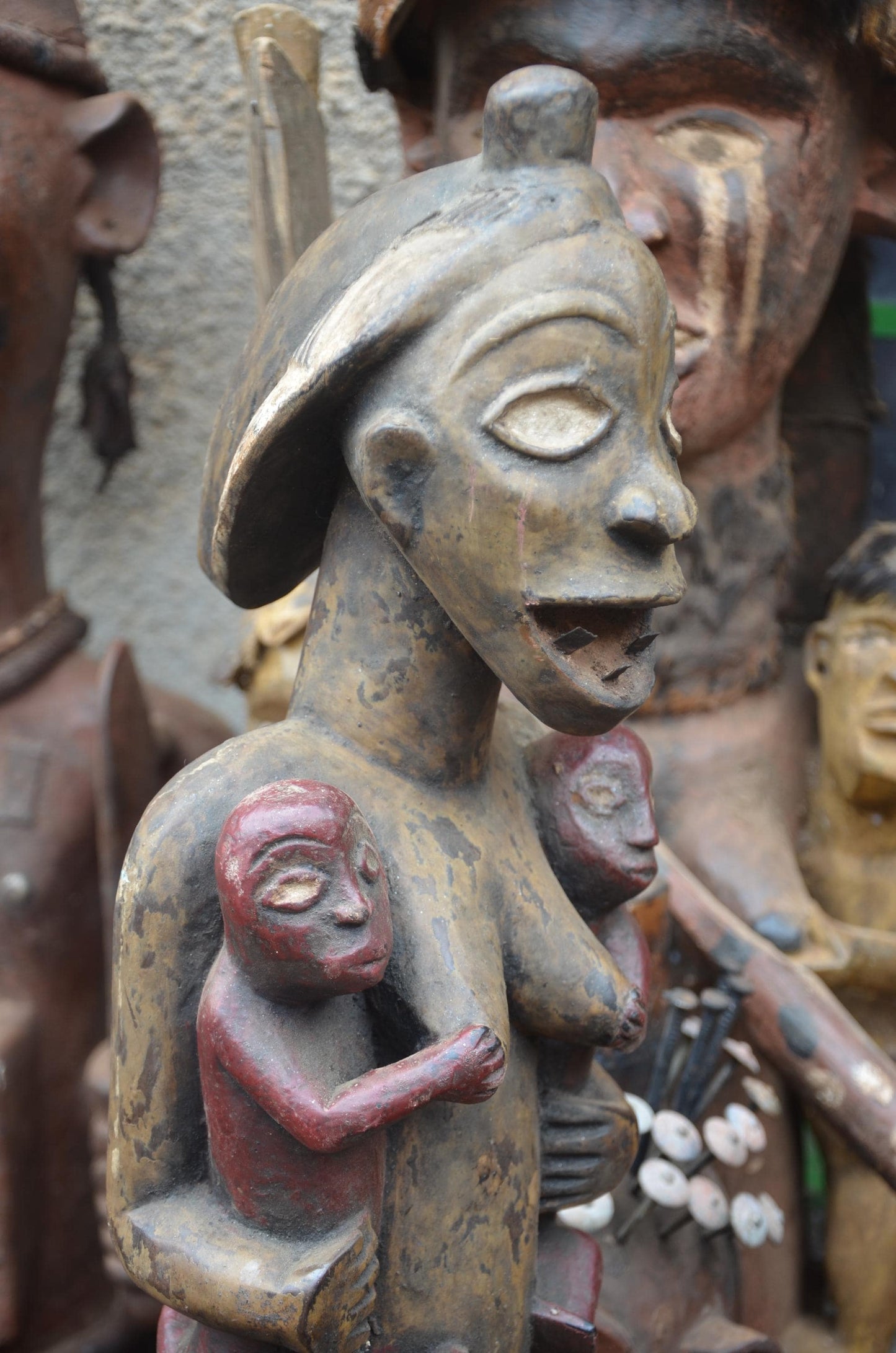 African Congo Twin Maternity Statue – Large Wood Mother with Infants Art