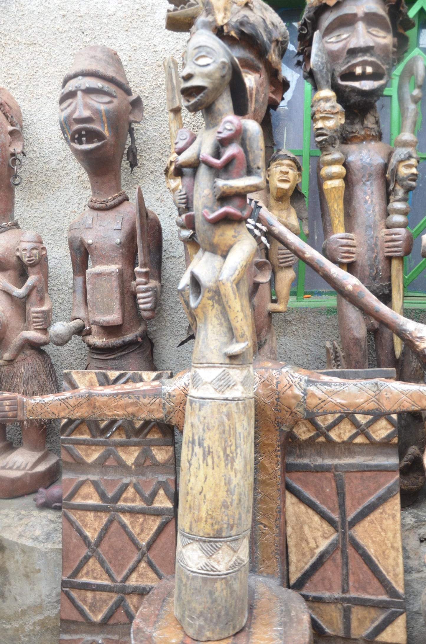 African Congo Twin Maternity Statue – Large Wood Mother with Infants Art